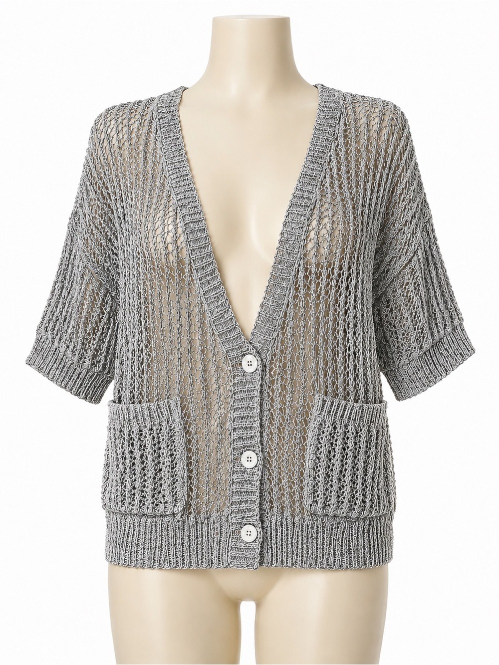 Sparkle & Fade Open Knit Cardigan Sweater Size M Black White Marled